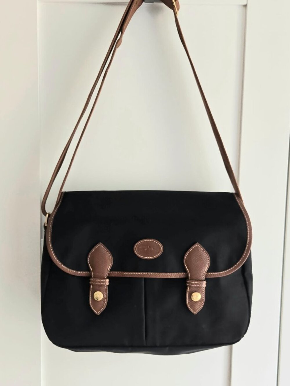 Longchamp Made in France Black Nylon Leather Messenger Shoulder Bag